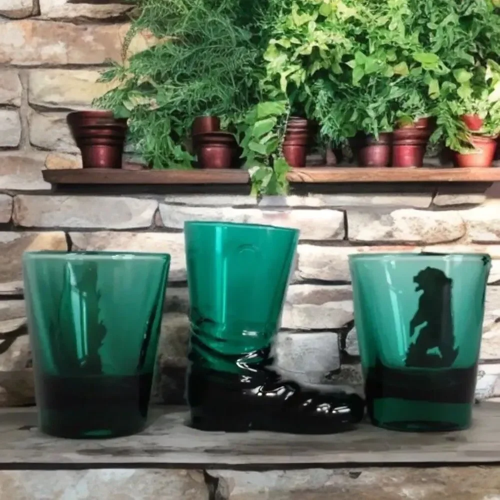 Green Alaska Fine Pewter Bear Shot Glass Set with Matching Boot Toothpick Holder